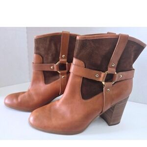 Lauren Ralph Lauren Tan Leather Brown Suede Harness Ankle Boots Gold Accents 8.5